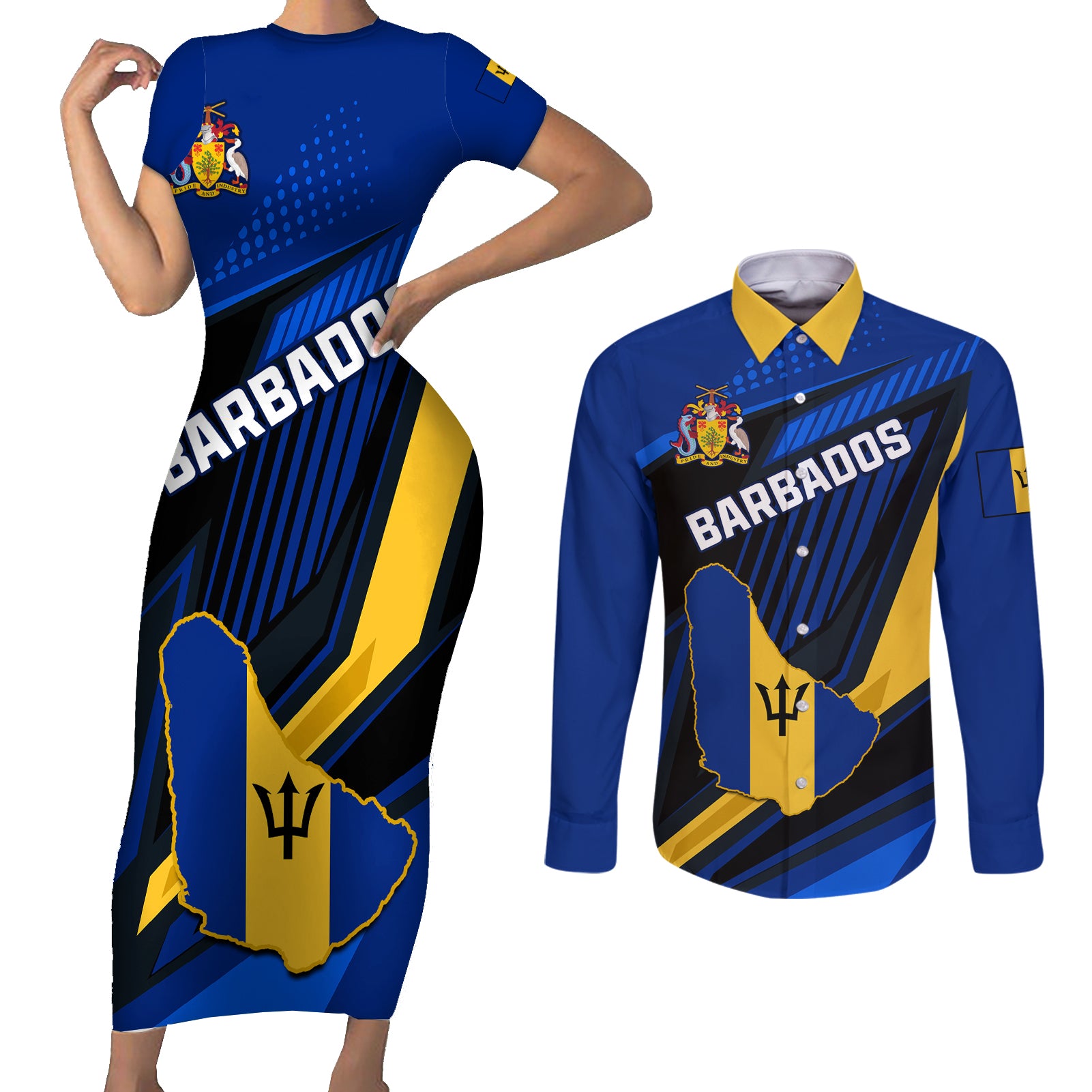 Personalised Barbados Independence Day Couples Matching Short Sleeve Bodycon Dress and Long Sleeve Button Shirt Barbadian Coat Of Arms Special Version - Wonder Print Shop