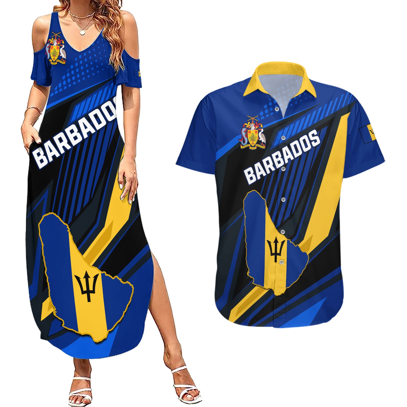 Personalised Barbados Independence Day Couples Matching Summer Maxi Dress and Hawaiian Shirt Barbadian Coat Of Arms Special Version - Wonder Print Shop