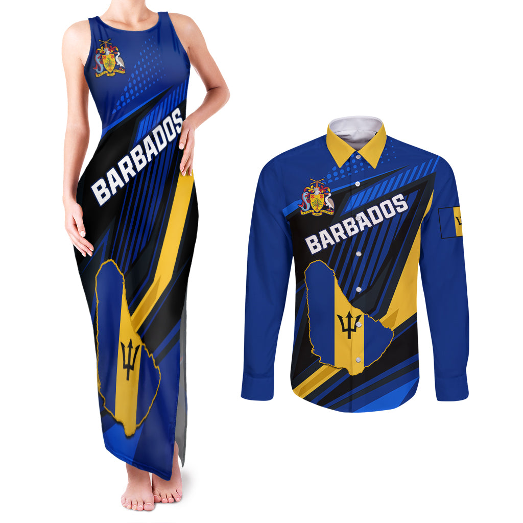 Personalised Barbados Independence Day Couples Matching Tank Maxi Dress and Long Sleeve Button Shirt Barbadian Coat Of Arms Special Version - Wonder Print Shop