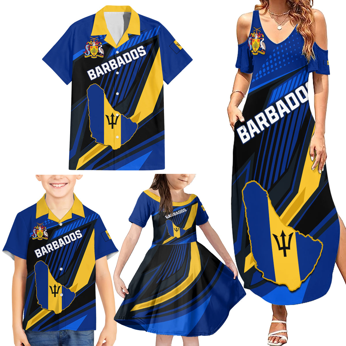 Personalised Barbados Independence Day Family Matching Summer Maxi Dress and Hawaiian Shirt Barbadian Coat Of Arms Special Version - Wonder Print Shop