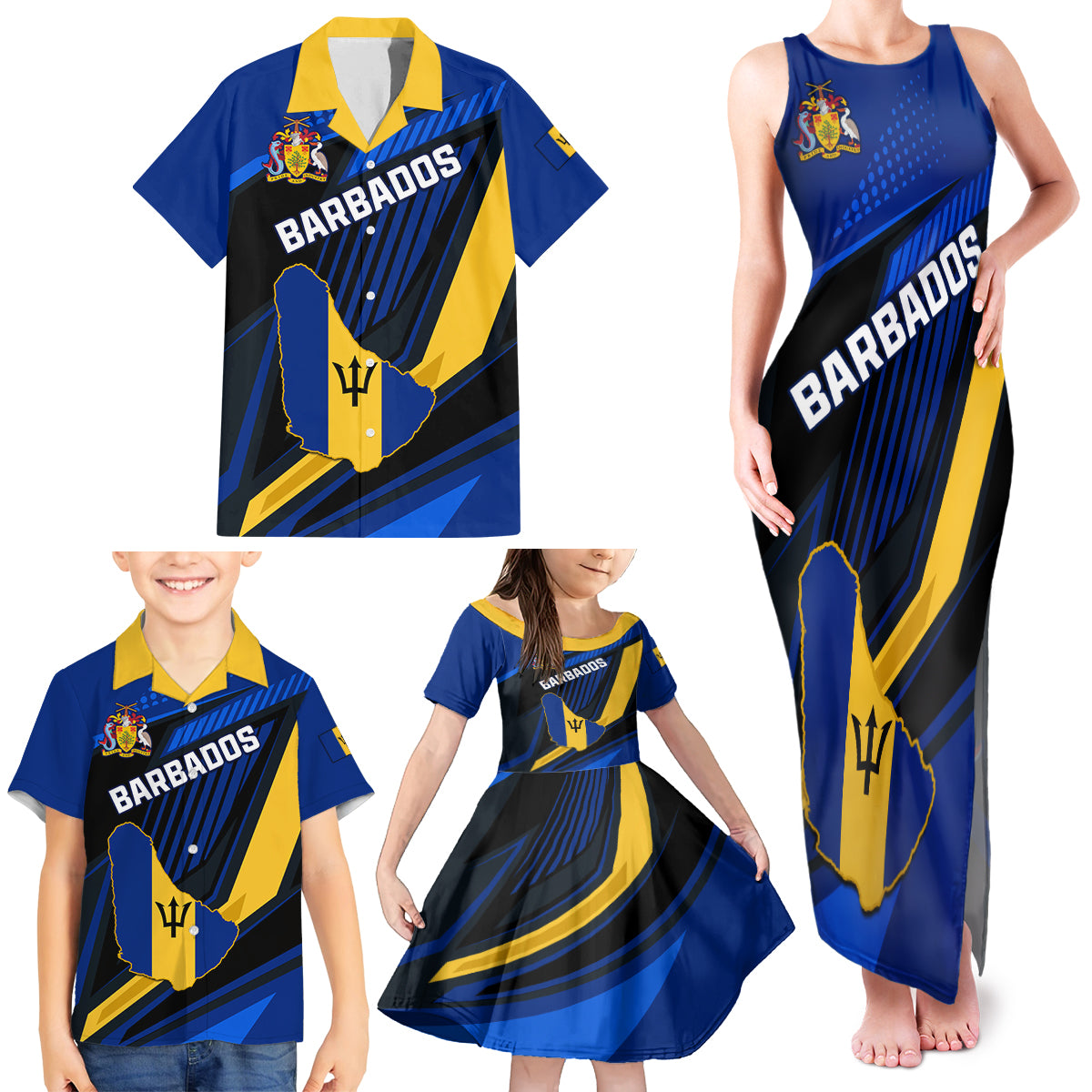 Personalised Barbados Independence Day Family Matching Tank Maxi Dress and Hawaiian Shirt Barbadian Coat Of Arms Special Version - Wonder Print Shop