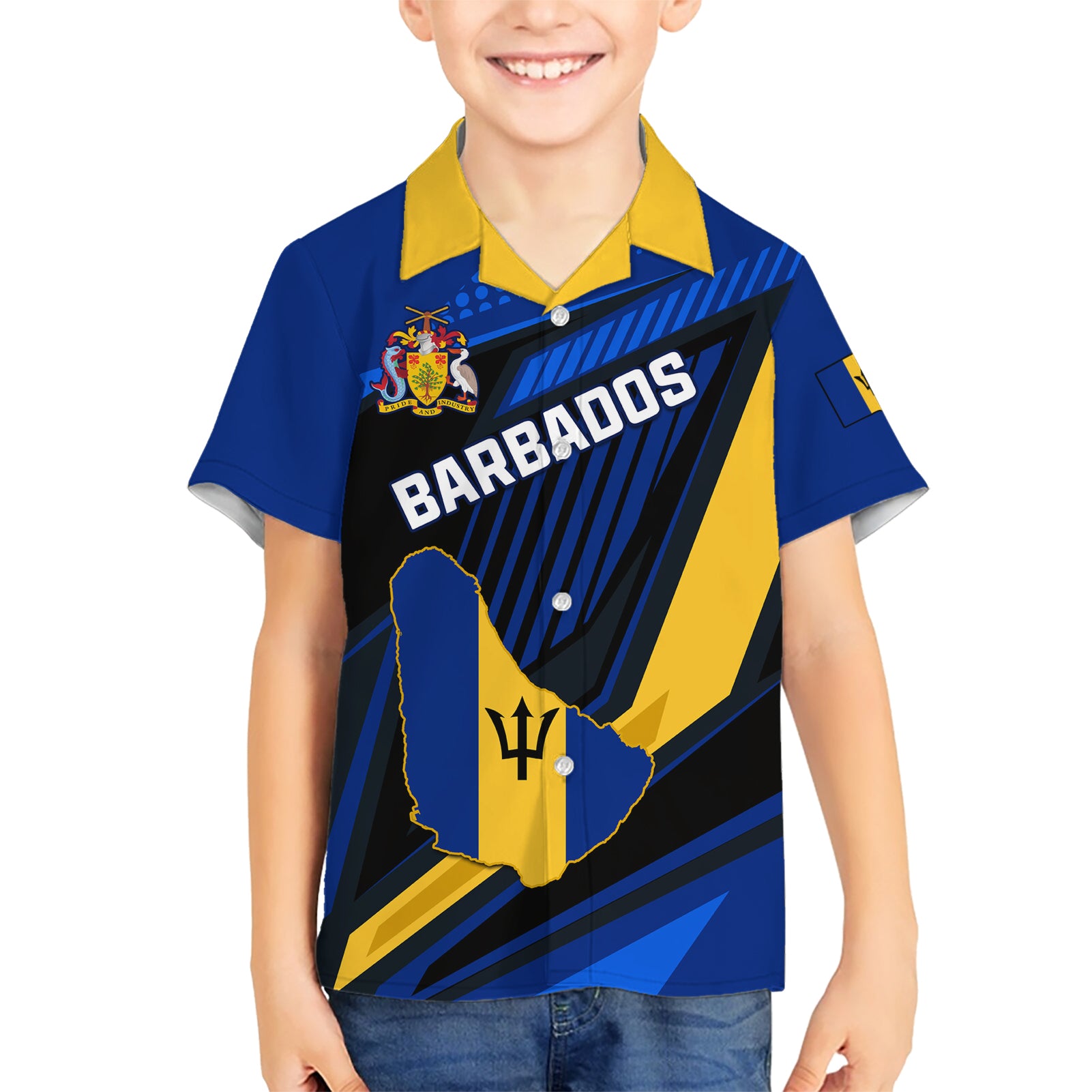 Personalised Barbados Independence Day Kid Hawaiian Shirt Barbadian Coat Of Arms Special Version - Wonder Print Shop