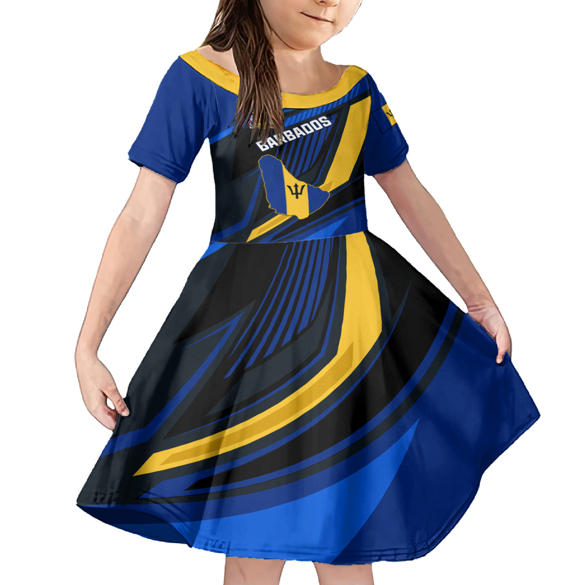 Personalised Barbados Independence Day Kid Short Sleeve Dress Barbadian Coat Of Arms Special Version - Wonder Print Shop