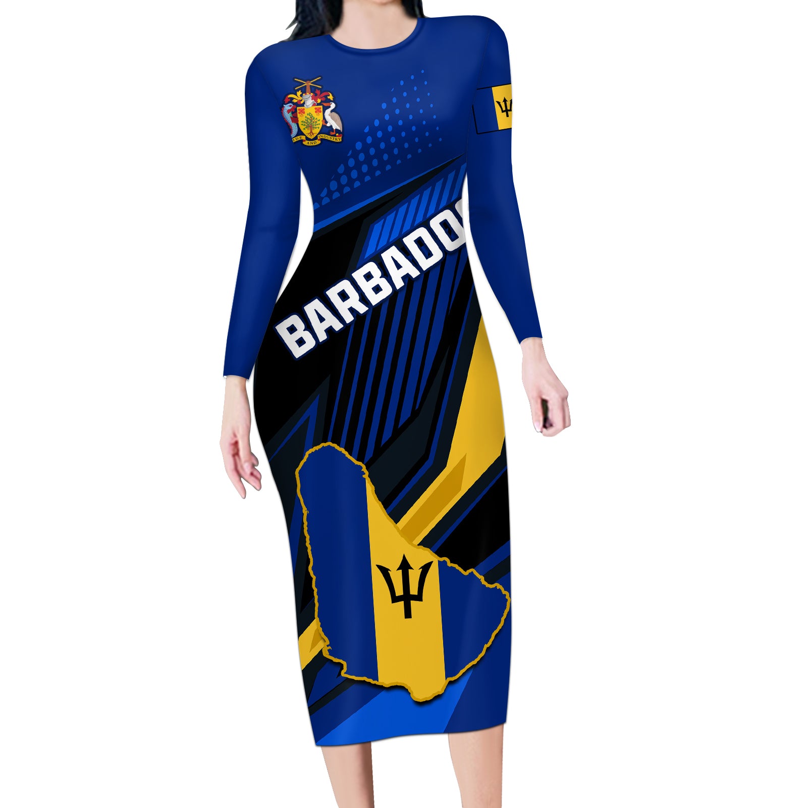 Personalised Barbados Independence Day Long Sleeve Bodycon Dress Barbadian Coat Of Arms Special Version - Wonder Print Shop