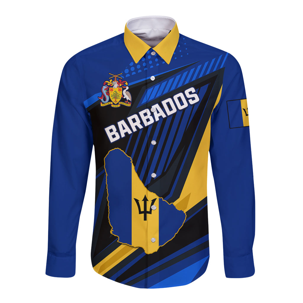 Blue long-sleeve button shirt with yellow collar and Barbados coat of arms front graphic