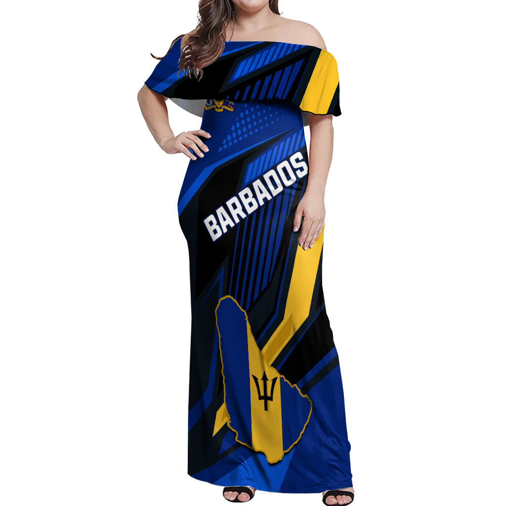 Personalised Barbados Independence Day Off Shoulder Maxi Dress Barbadian Coat Of Arms Special Version - Wonder Print Shop