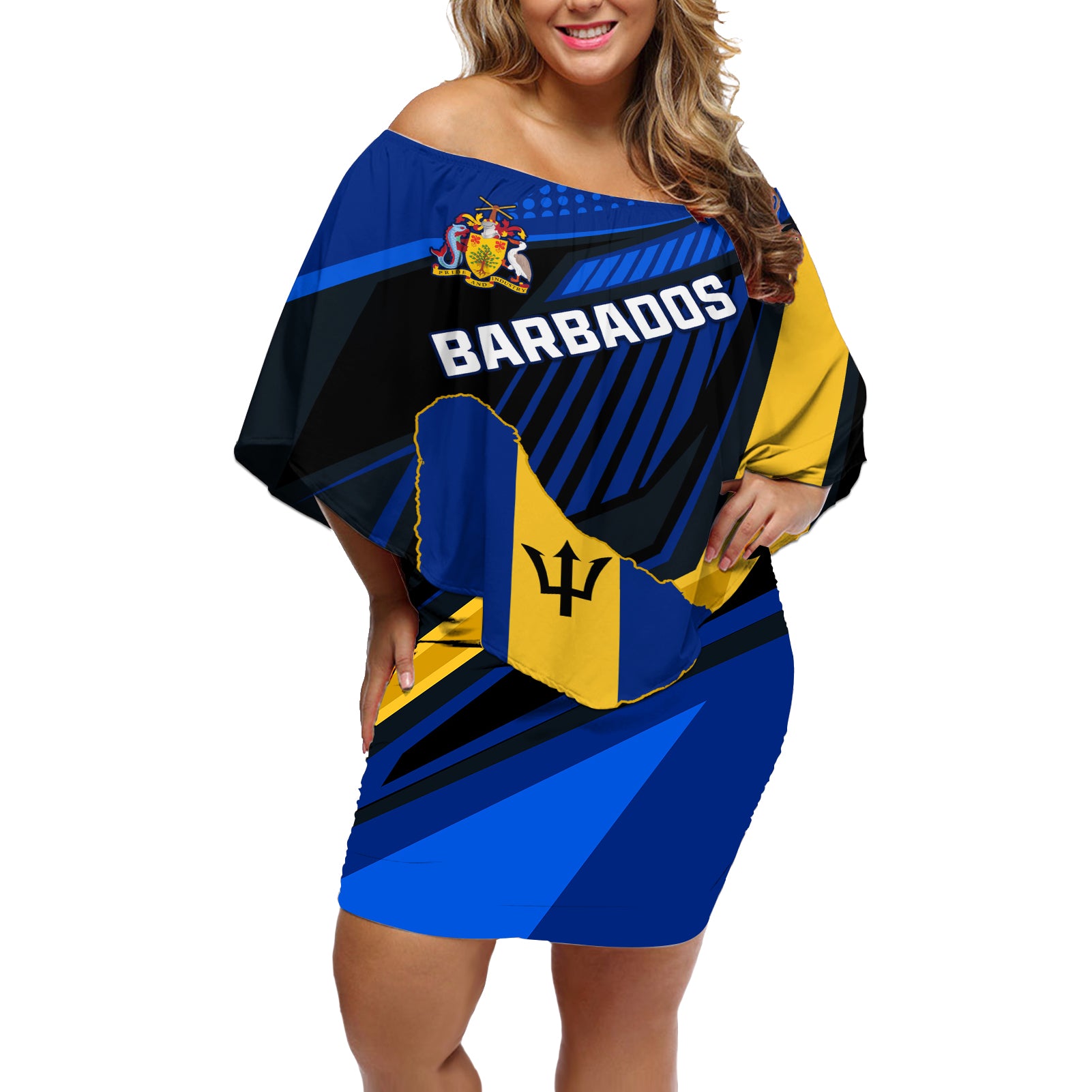 Personalised Barbados Independence Day Off Shoulder Short Dress Barbadian Coat Of Arms Special Version - Wonder Print Shop