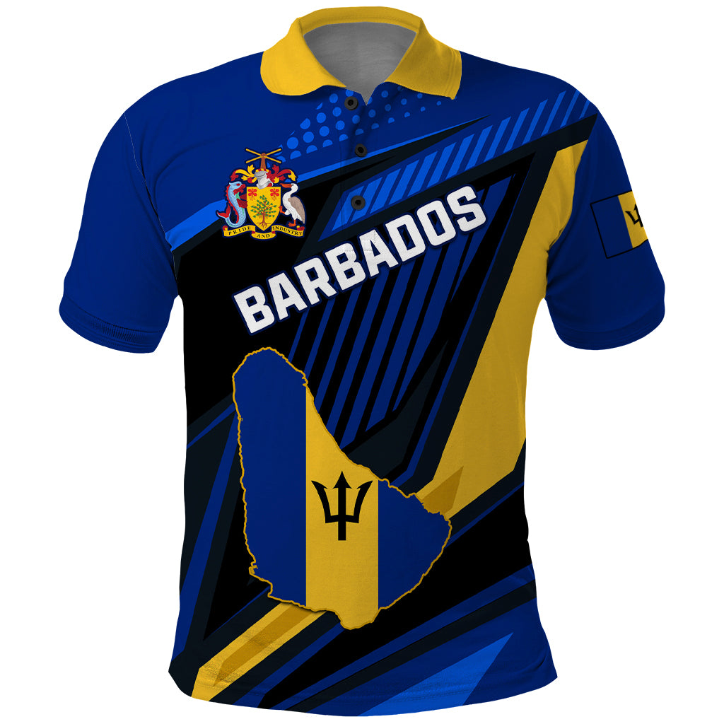 Blue polo shirt with yellow collar; front Barbados crest and large BARBADOS graphic.