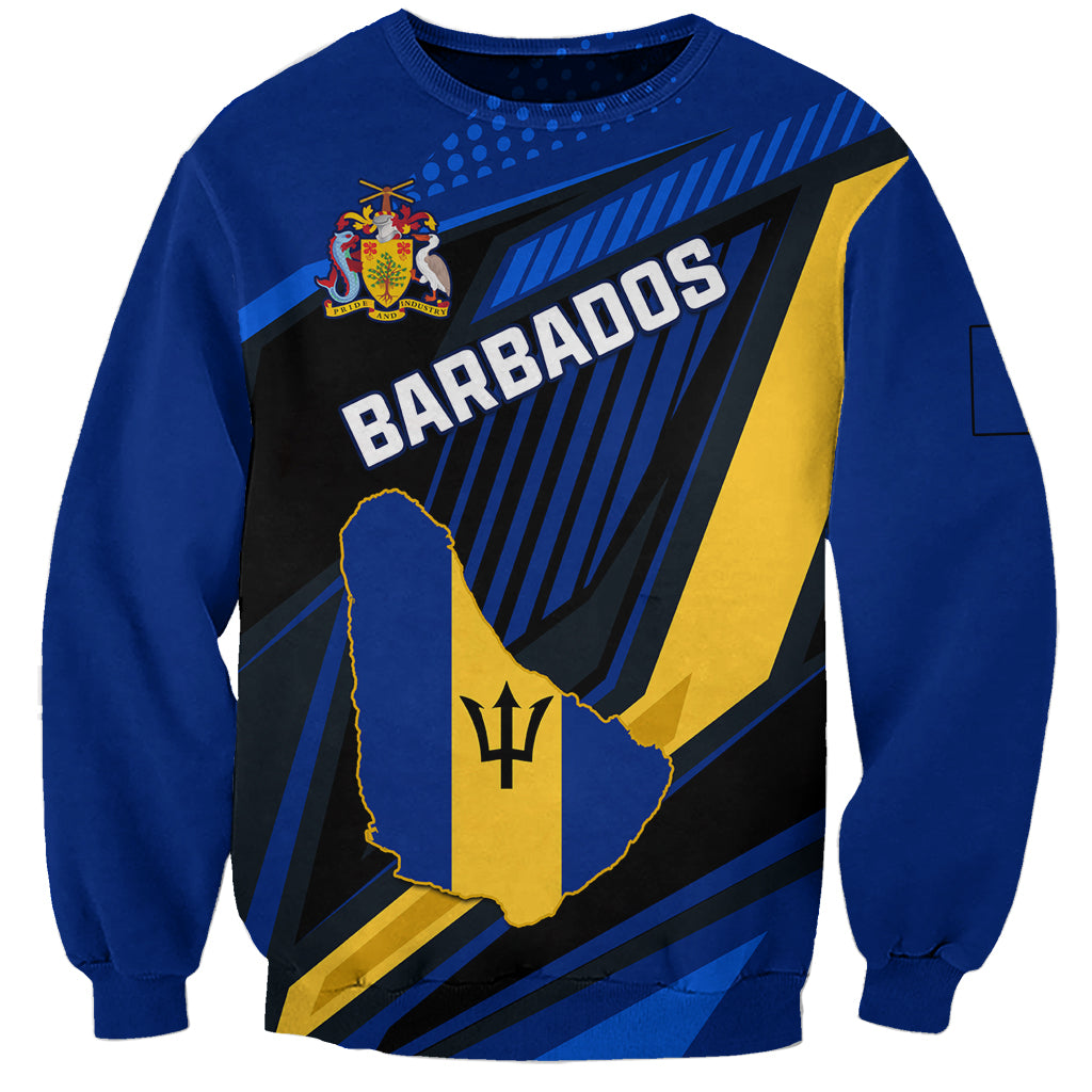 Blue unisex sweatshirt with Barbados graphic, map and coat of arms