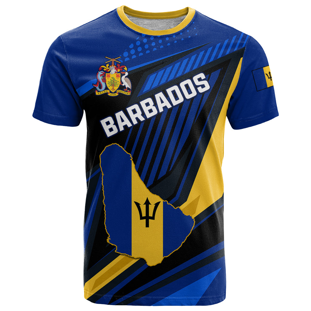 Blue Barbados Independence T-shirt with coat of arms and 'BARBADOS' graphic