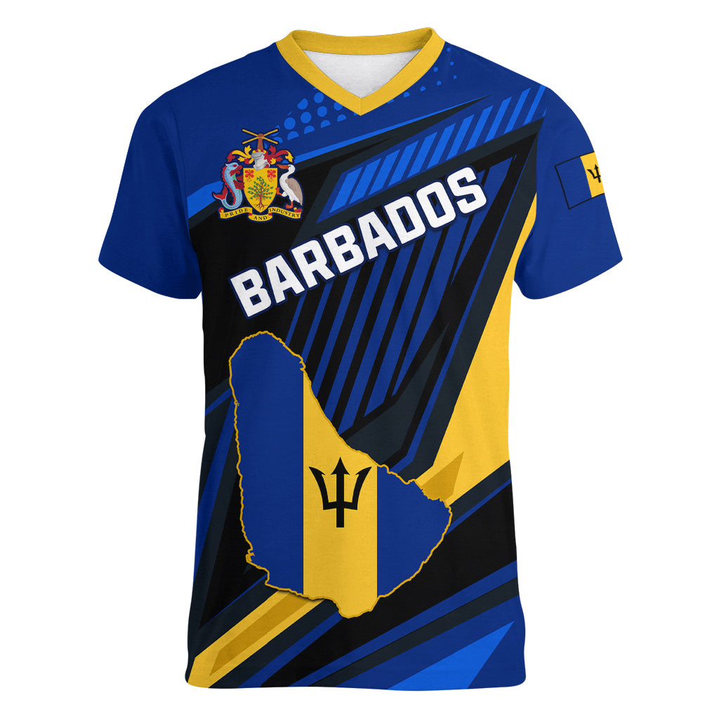 Personalised Barbados Independence Day Women V Neck T Shirt Barbadian Coat Of Arms Special Version - Wonder Print Shop