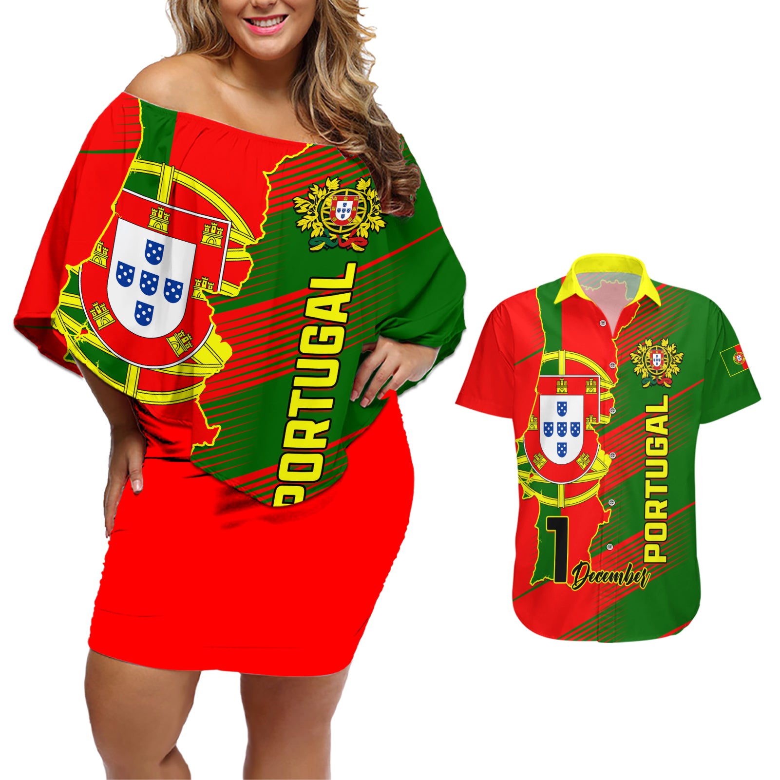 Personalised Portugal Independence Day Couples Matching Off Shoulder Short Dress and Hawaiian Shirt Portuguesa Map Flag Style - Wonder Print Shop