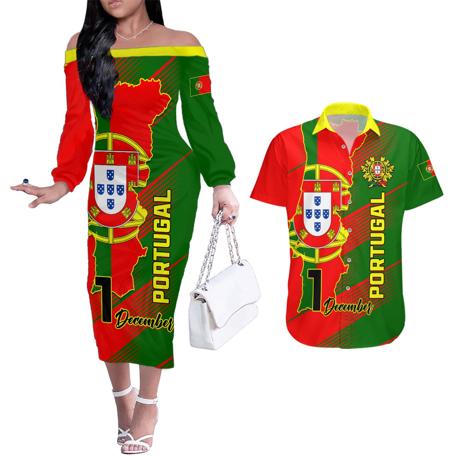 Personalised Portugal Independence Day Couples Matching Off The Shoulder Long Sleeve Dress and Hawaiian Shirt Portuguesa Map Flag Style - Wonder Print Shop