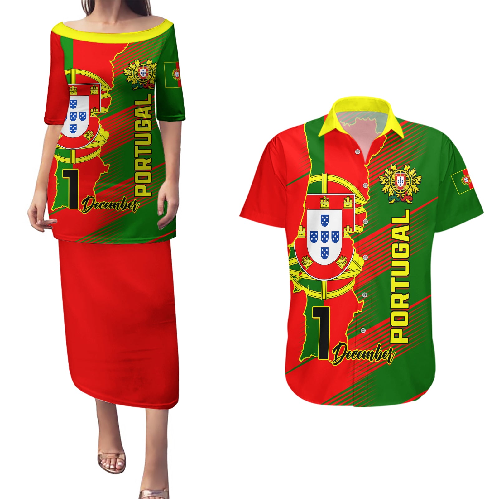 Personalised Portugal Independence Day Couples Matching Puletasi Dress and Hawaiian Shirt Portuguesa Map Flag Style - Wonder Print Shop