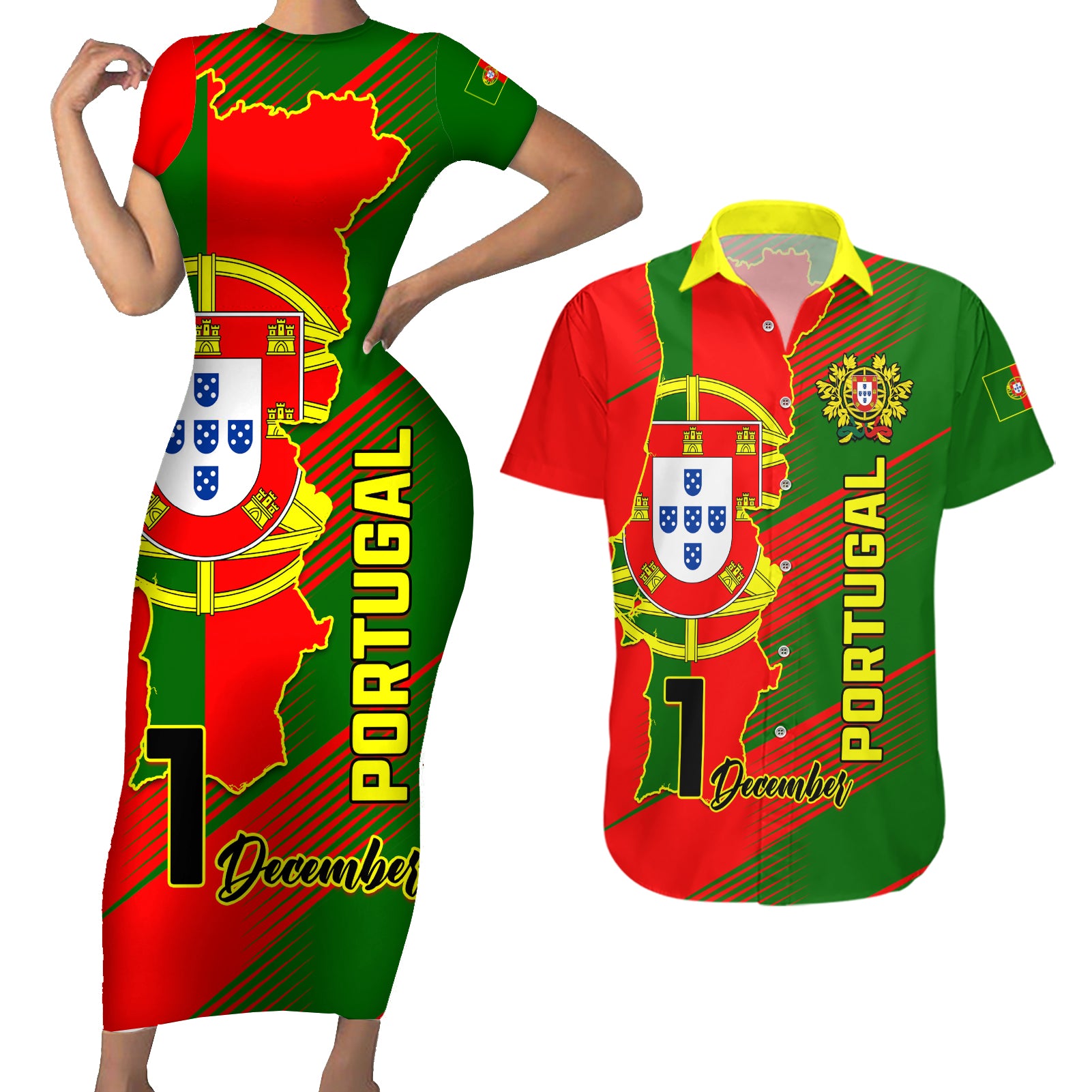 Personalised Portugal Independence Day Couples Matching Short Sleeve Bodycon Dress and Hawaiian Shirt Portuguesa Map Flag Style - Wonder Print Shop