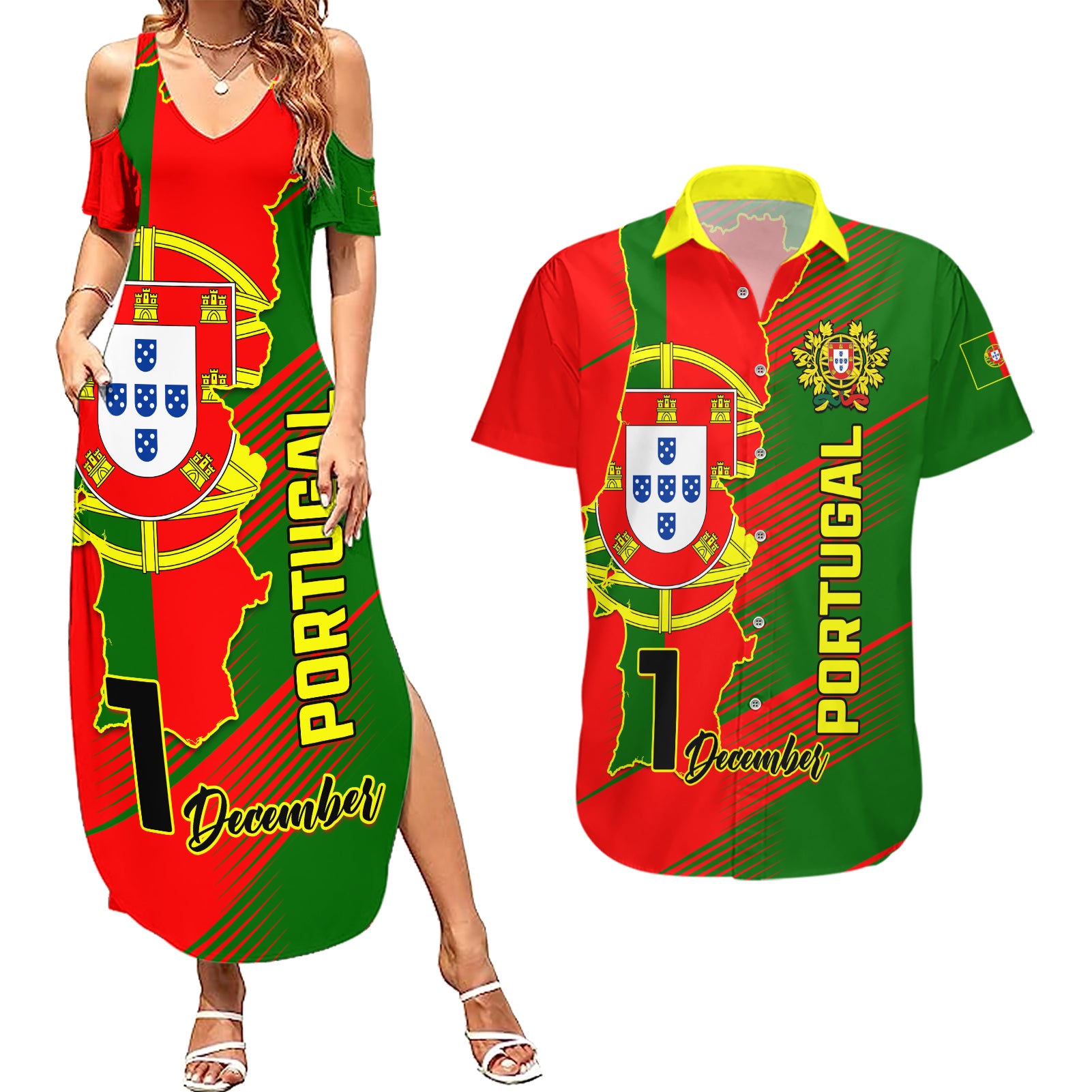 Personalised Portugal Independence Day Couples Matching Summer Maxi Dress and Hawaiian Shirt Portuguesa Map Flag Style - Wonder Print Shop