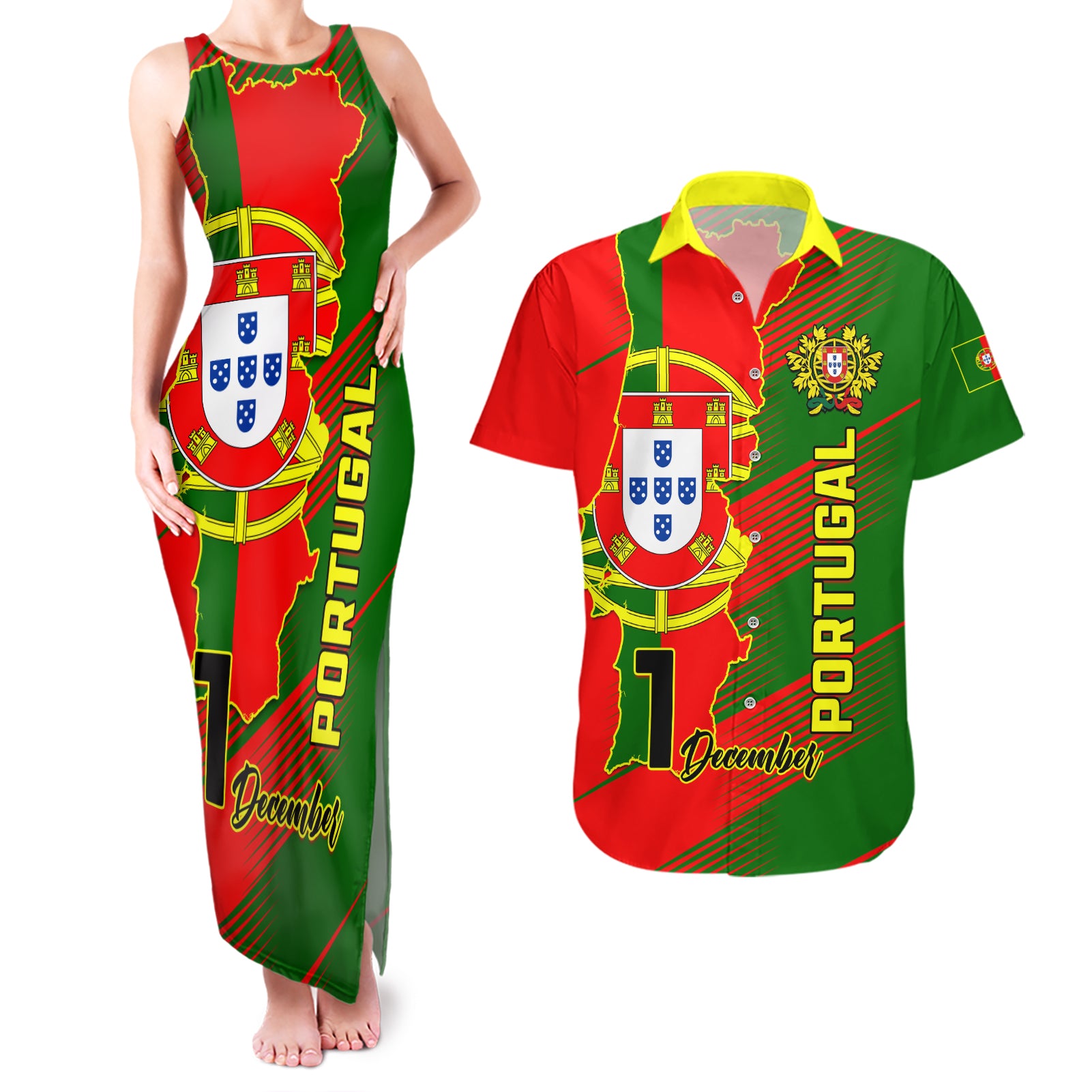 Personalised Portugal Independence Day Couples Matching Tank Maxi Dress and Hawaiian Shirt Portuguesa Map Flag Style - Wonder Print Shop