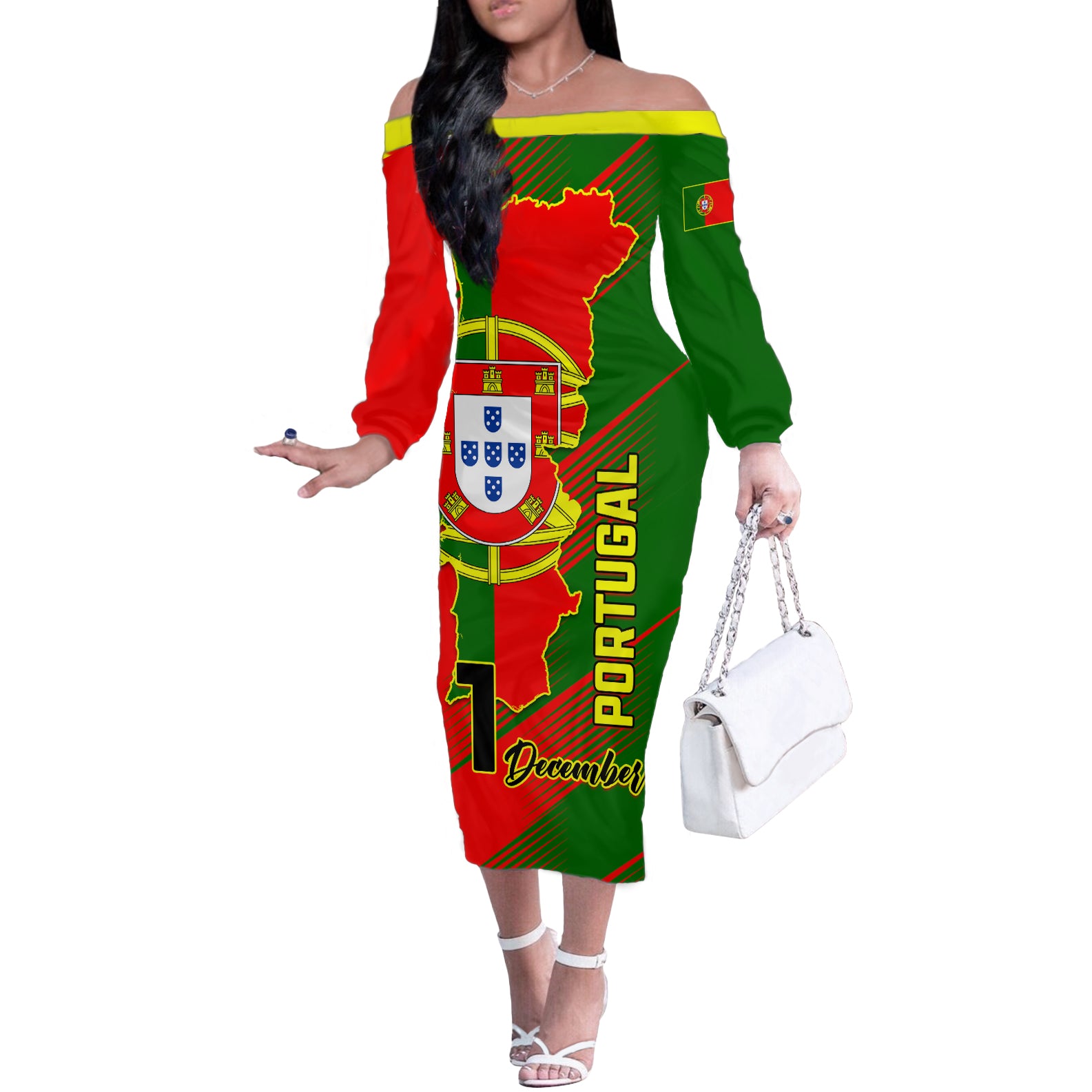 Personalised Portugal Independence Day Off The Shoulder Long Sleeve Dress Portuguesa Map Flag Style - Wonder Print Shop