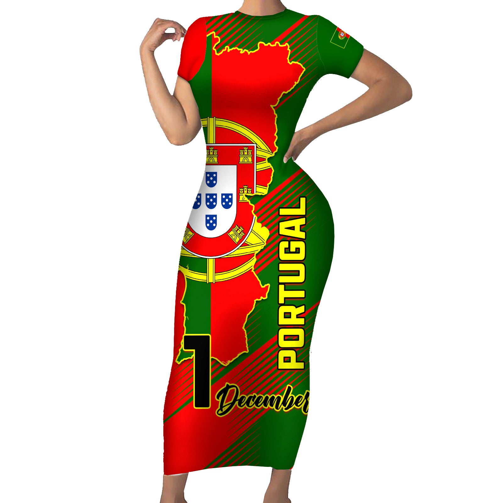 Personalised Portugal Independence Day Short Sleeve Bodycon Dress Portuguesa Map Flag Style - Wonder Print Shop