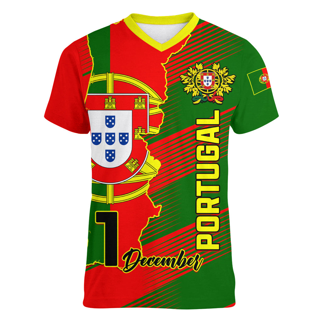 Personalised Portugal Independence Day Women V Neck T Shirt Portuguesa Map Flag Style - Wonder Print Shop