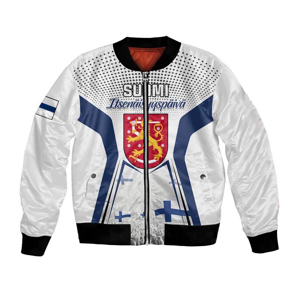White bomber jacket with blue Finland graphic, zipper front, ribbed collar and cuffs