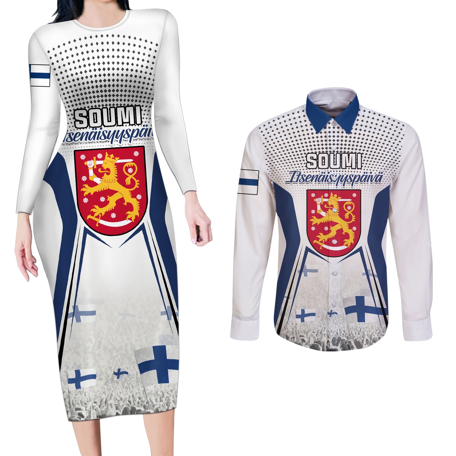 Personalised Finland Independence Day Couples Matching Long Sleeve Bodycon Dress and Long Sleeve Button Shirt Soumi Coat Of Arms Special Version - Wonder Print Shop