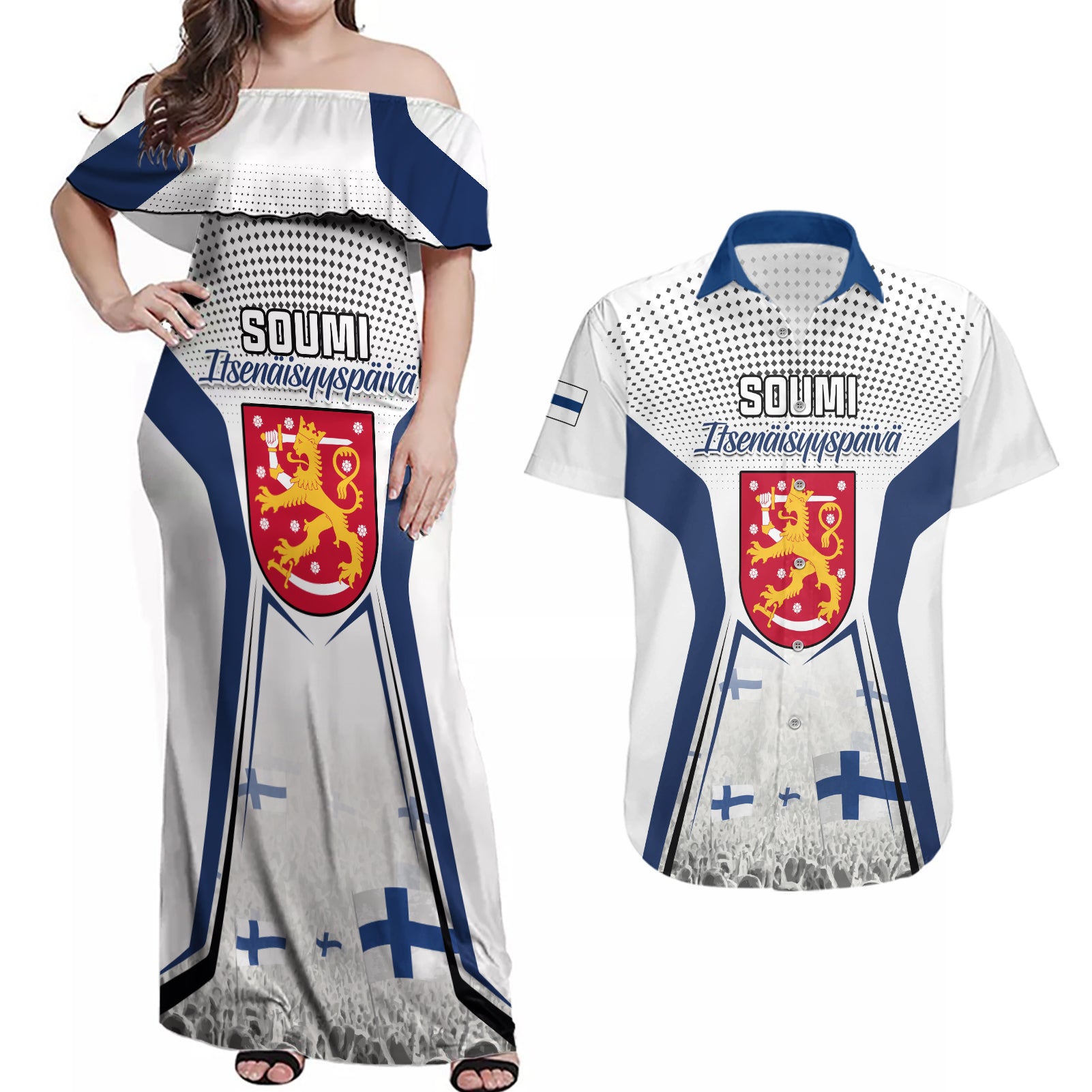 Personalised Finland Independence Day Couples Matching Off Shoulder Maxi Dress and Hawaiian Shirt Soumi Coat Of Arms Special Version - Wonder Print Shop