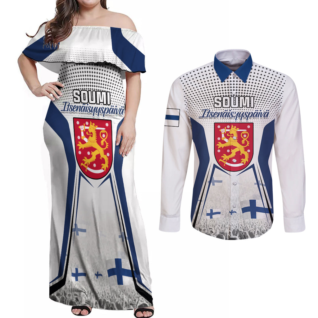 Personalised Finland Independence Day Couples Matching Off Shoulder Maxi Dress and Long Sleeve Button Shirt Soumi Coat Of Arms Special Version - Wonder Print Shop