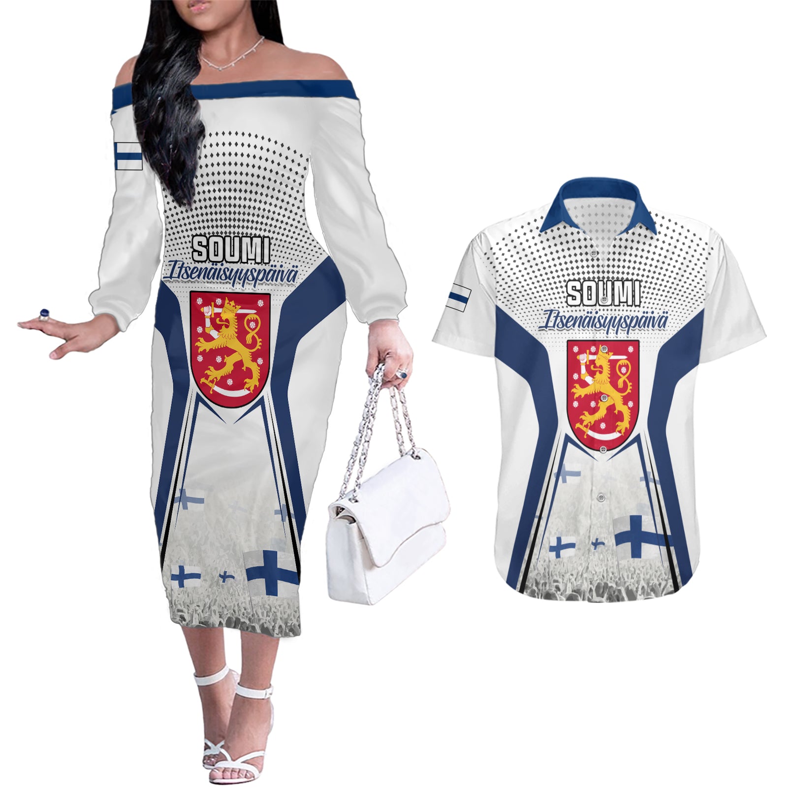 Personalised Finland Independence Day Couples Matching Off The Shoulder Long Sleeve Dress and Hawaiian Shirt Soumi Coat Of Arms Special Version - Wonder Print Shop