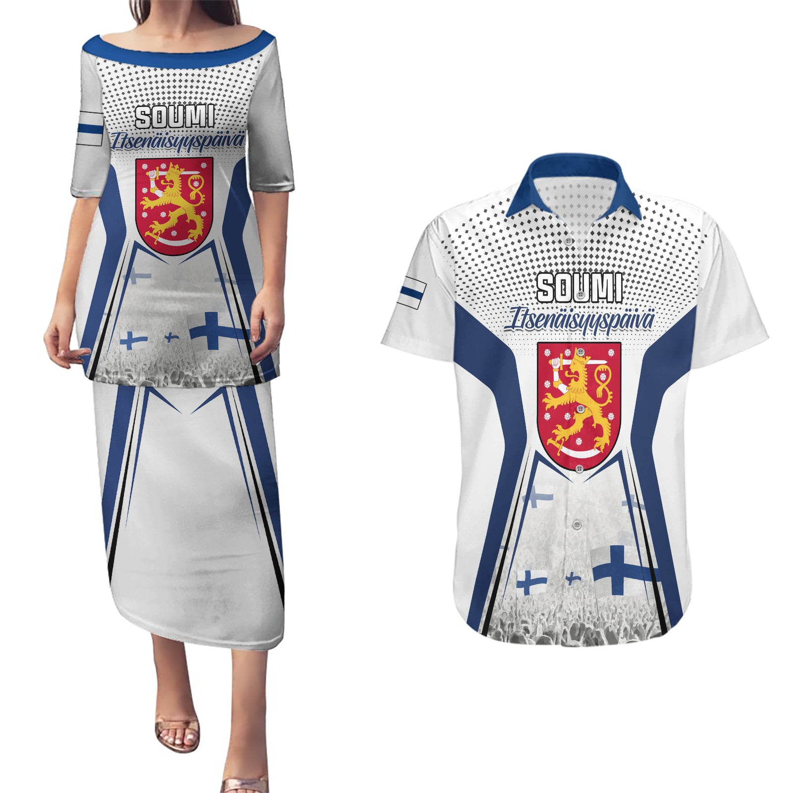 Personalised Finland Independence Day Couples Matching Puletasi Dress and Hawaiian Shirt Soumi Coat Of Arms Special Version - Wonder Print Shop