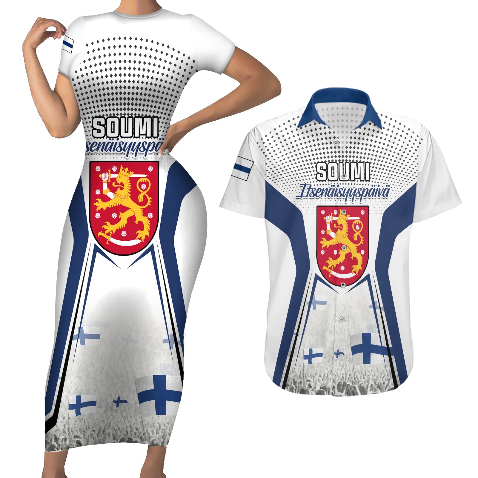 Personalised Finland Independence Day Couples Matching Short Sleeve Bodycon Dress and Hawaiian Shirt Soumi Coat Of Arms Special Version - Wonder Print Shop