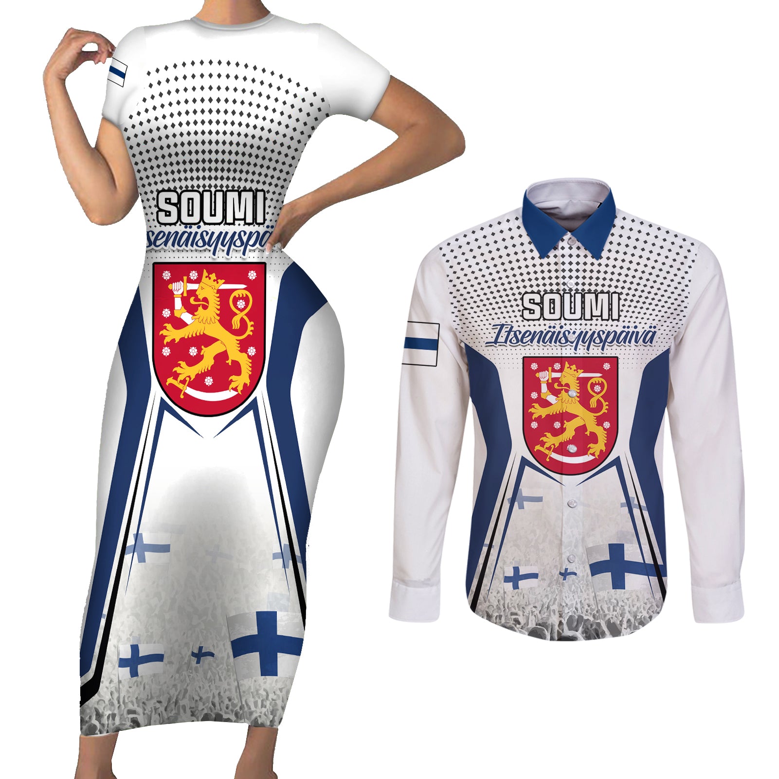 Personalised Finland Independence Day Couples Matching Short Sleeve Bodycon Dress and Long Sleeve Button Shirt Soumi Coat Of Arms Special Version - Wonder Print Shop