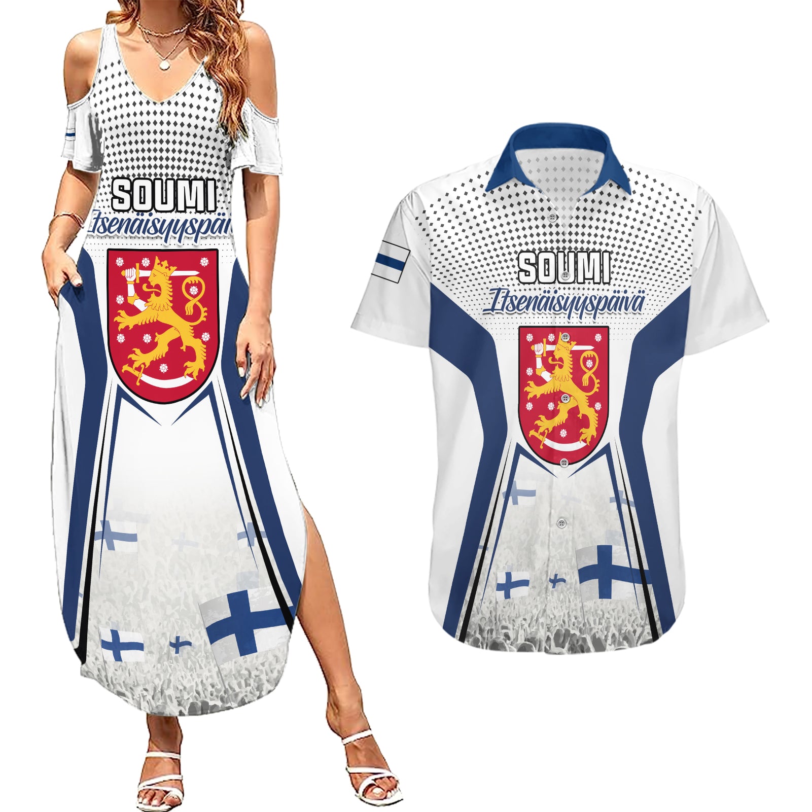 Personalised Finland Independence Day Couples Matching Summer Maxi Dress and Hawaiian Shirt Soumi Coat Of Arms Special Version - Wonder Print Shop