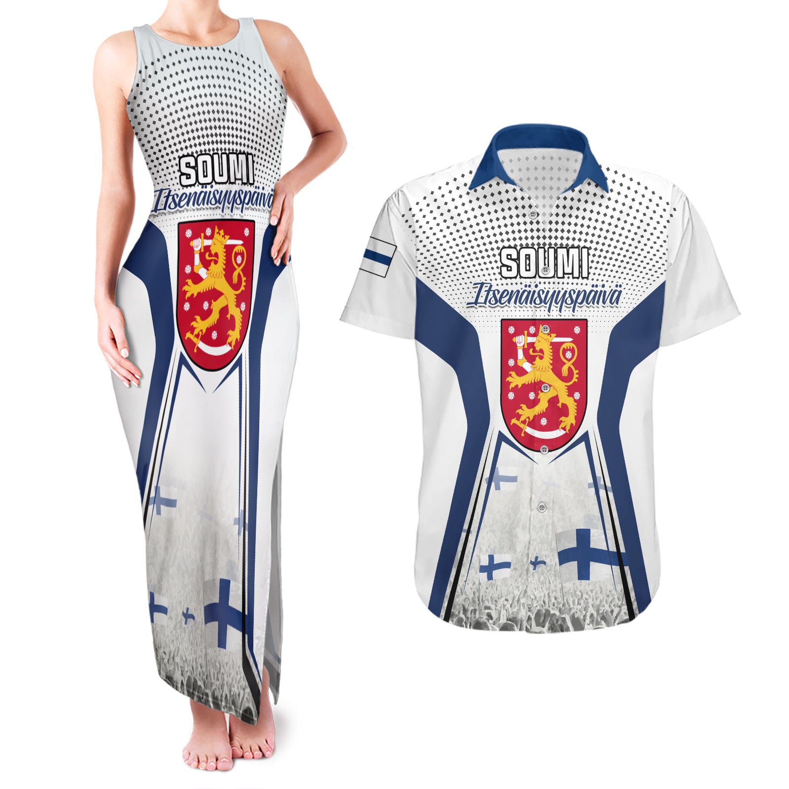 Personalised Finland Independence Day Couples Matching Tank Maxi Dress and Hawaiian Shirt Soumi Coat Of Arms Special Version - Wonder Print Shop