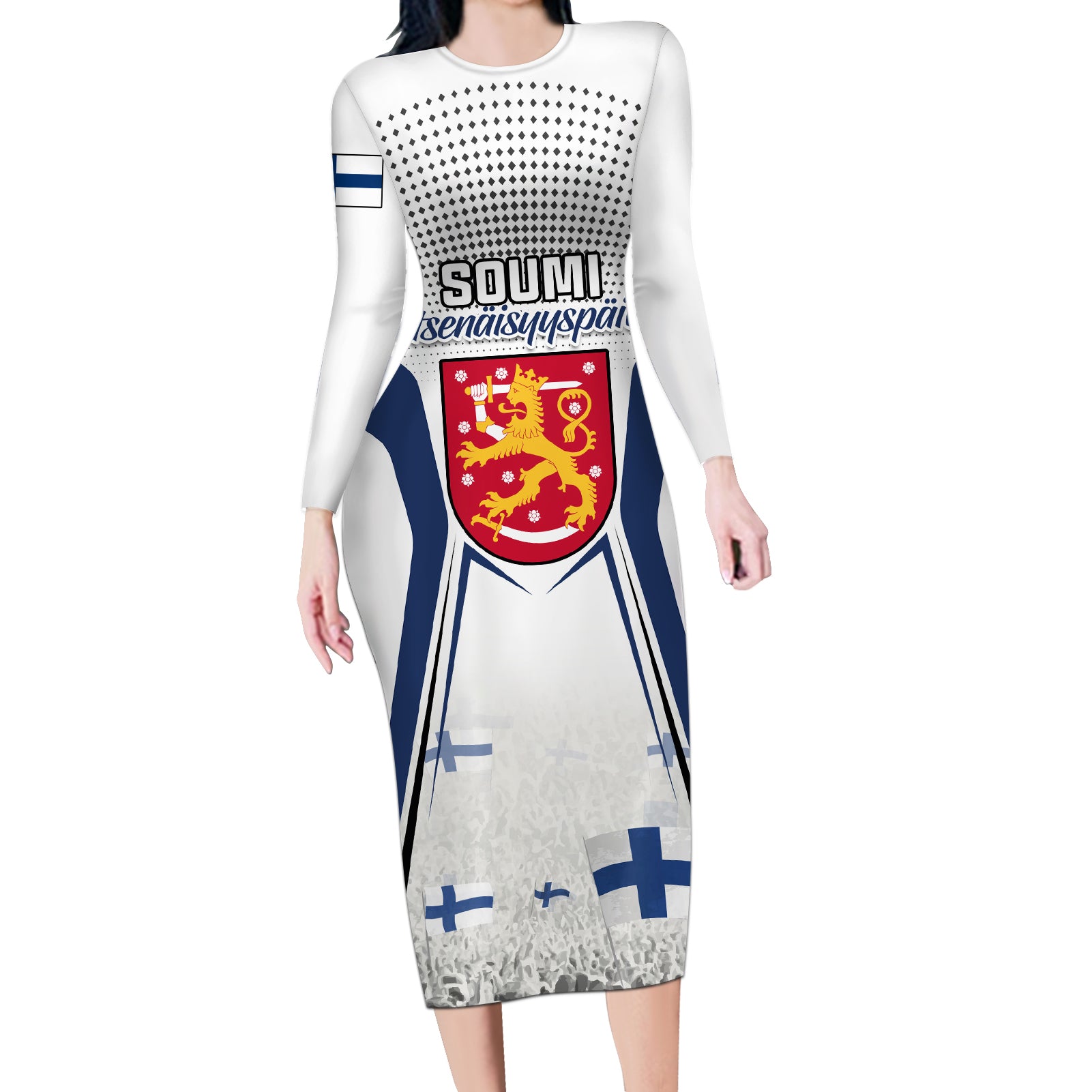 Personalised Finland Independence Day Long Sleeve Bodycon Dress Soumi Coat Of Arms Special Version - Wonder Print Shop