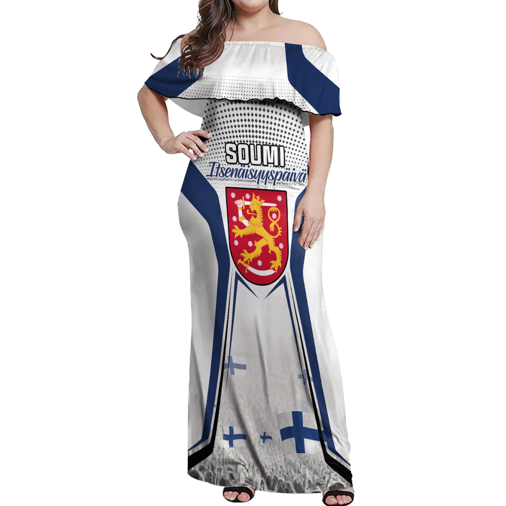 Personalised Finland Independence Day Off Shoulder Maxi Dress Soumi Coat Of Arms Special Version - Wonder Print Shop