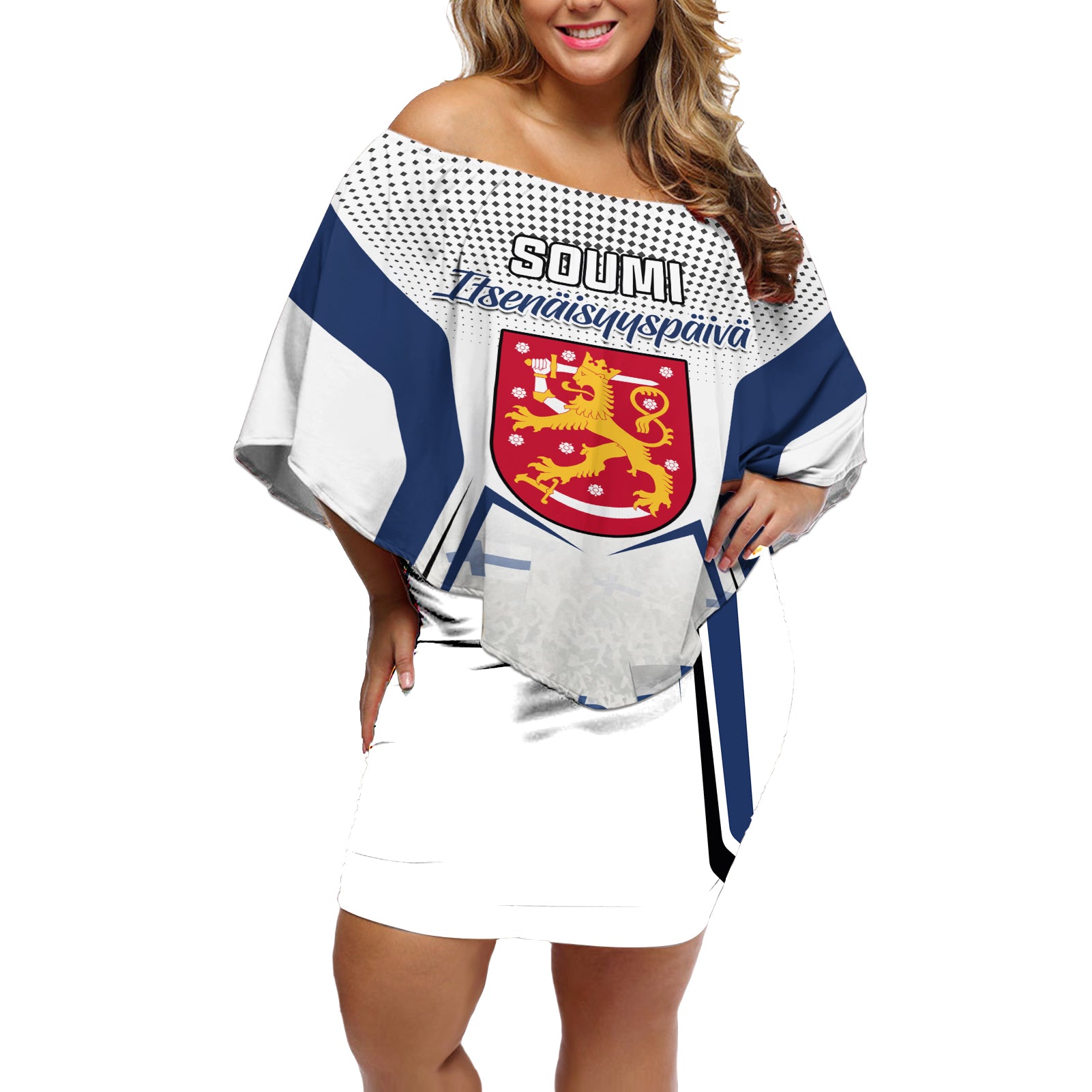 Personalised Finland Independence Day Off Shoulder Short Dress Soumi Coat Of Arms Special Version - Wonder Print Shop