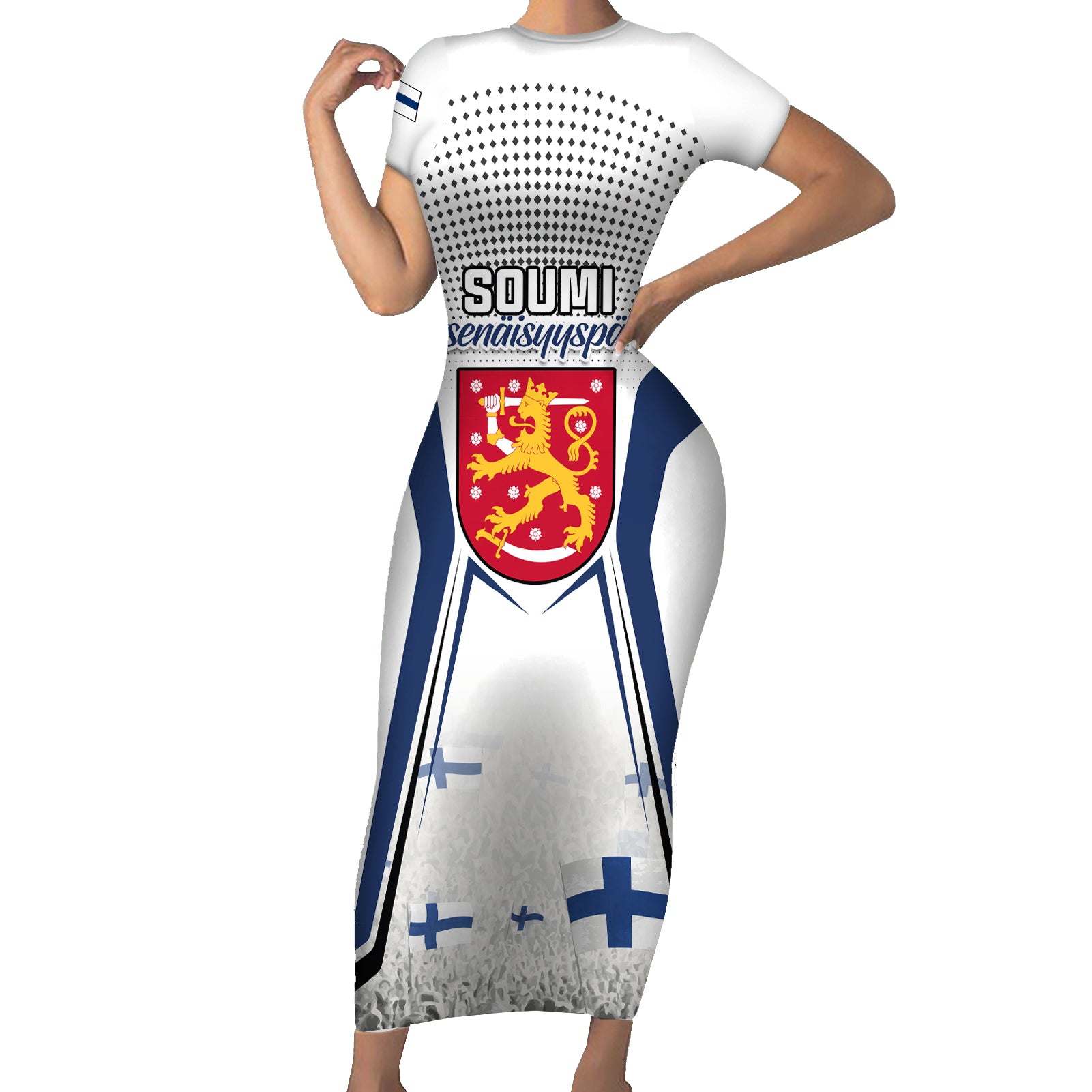 Personalised Finland Independence Day Short Sleeve Bodycon Dress Soumi Coat Of Arms Special Version - Wonder Print Shop