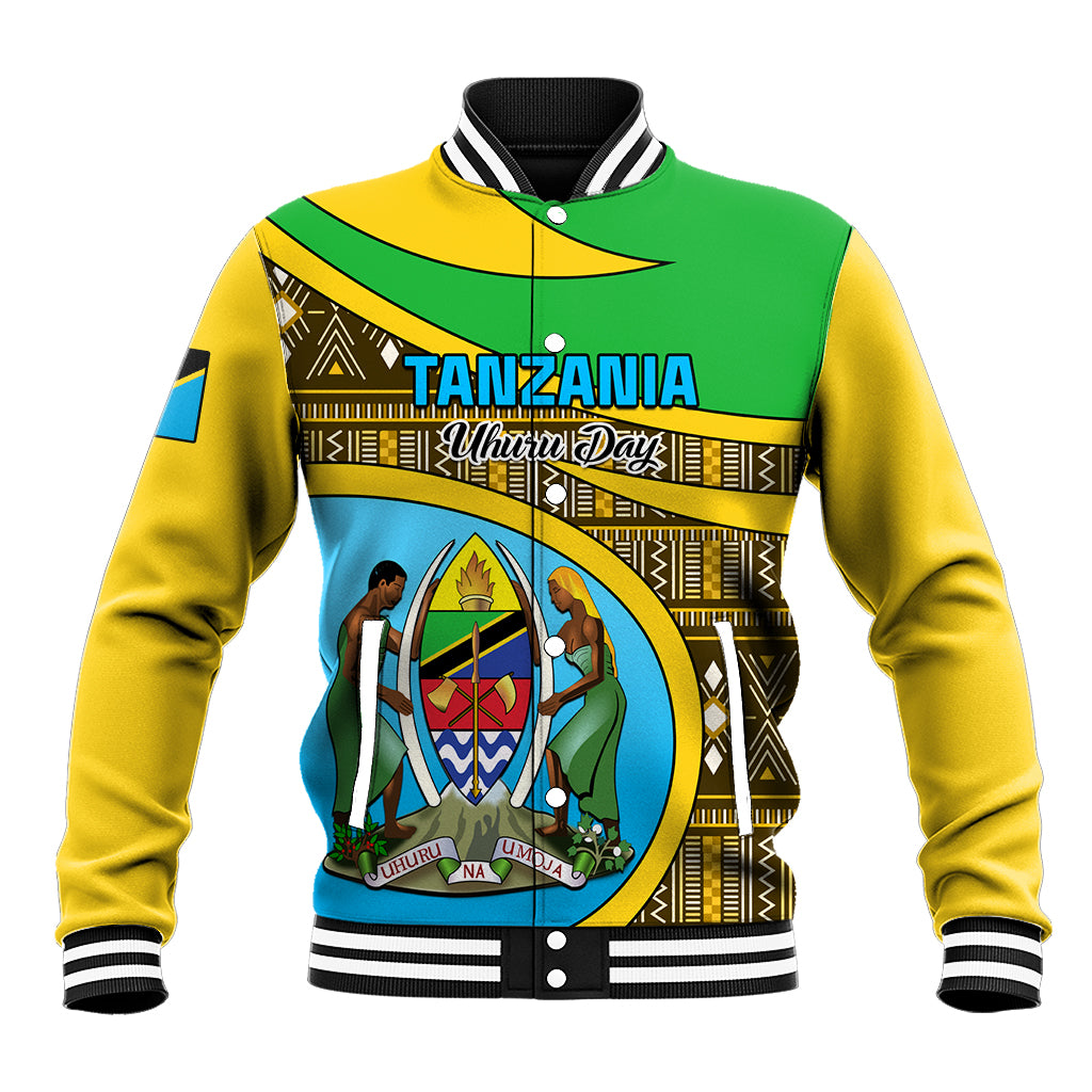 Unisex baseball jacket with green, yellow, and blue Tanzanian graphic and ribbed cuffs