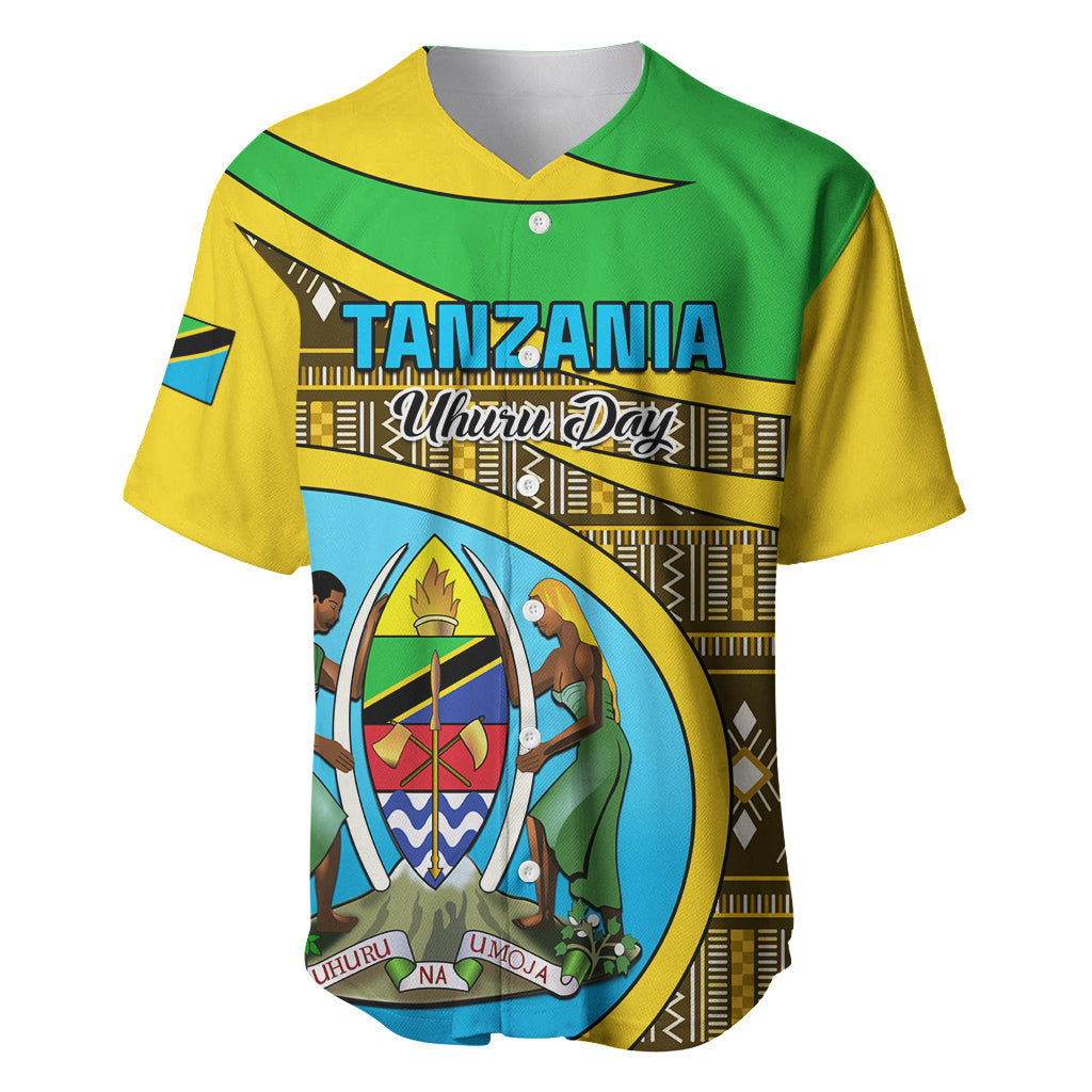 Personalised Tanzania Independence Day Baseball Jersey Tanzanian Coat Of Arms African Pattern - Wonder Print Shop