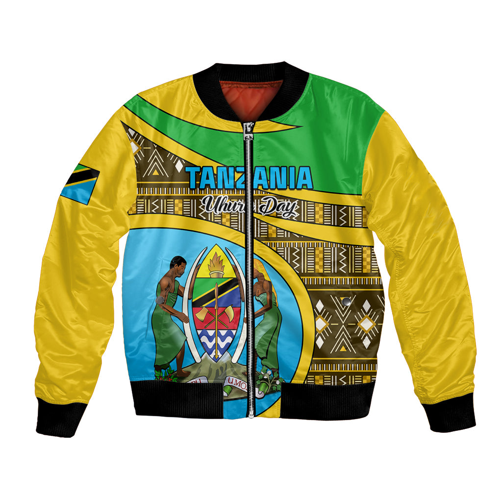 Unisex bomber jacket with yellow green blue African pattern, front zip, ribbed cuffs