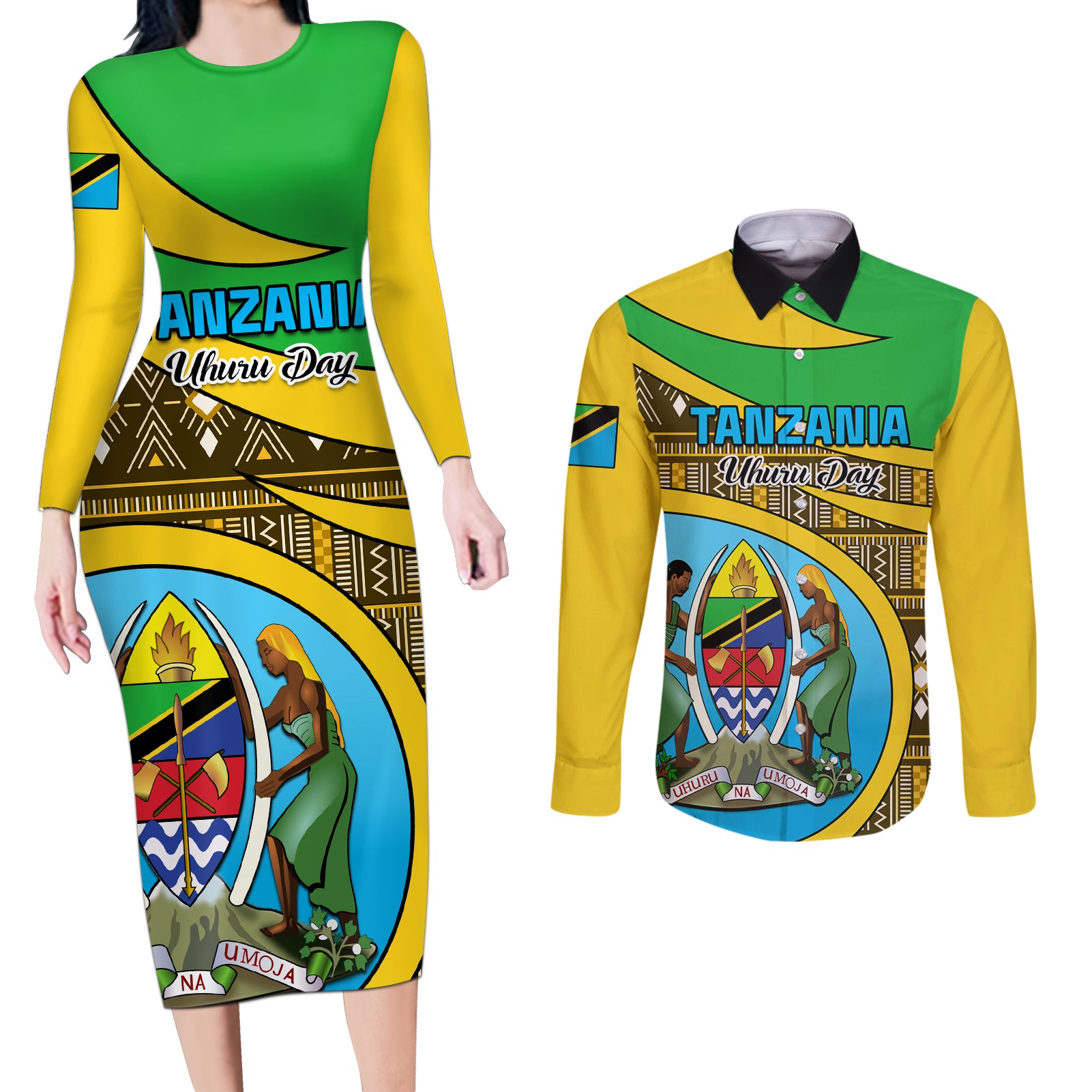 Personalised Tanzania Independence Day Couples Matching Long Sleeve Bodycon Dress and Long Sleeve Button Shirt Tanzanian Coat Of Arms African Pattern - Wonder Print Shop