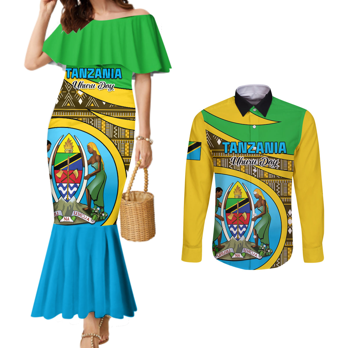 personalised-tanzania-independence-day-couples-matching-mermaid-dress-and-long-sleeve-button-shirt-tanzanian-coat-of-arms-african-pattern