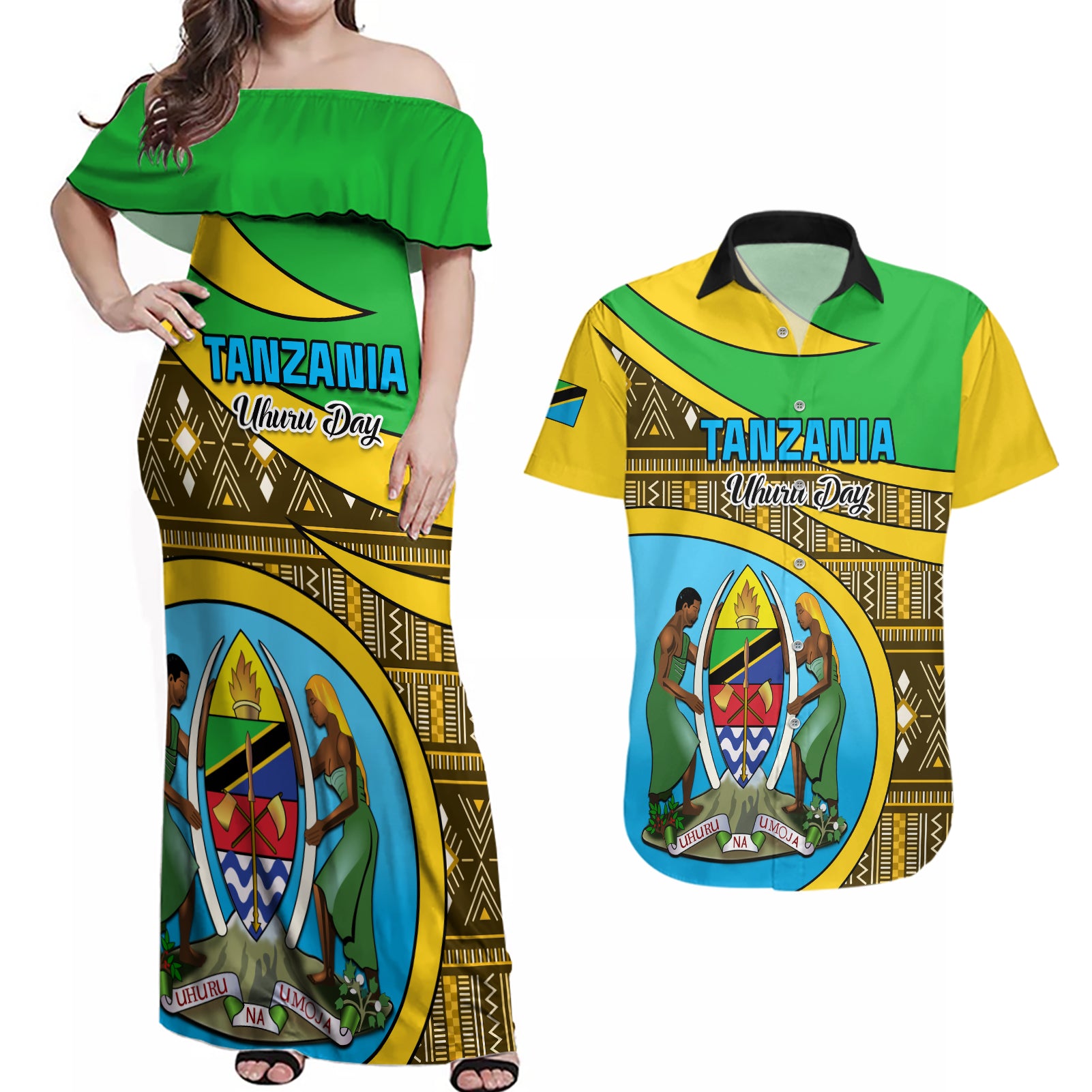 Personalised Tanzania Independence Day Couples Matching Off Shoulder Maxi Dress and Hawaiian Shirt Tanzanian Coat Of Arms African Pattern - Wonder Print Shop