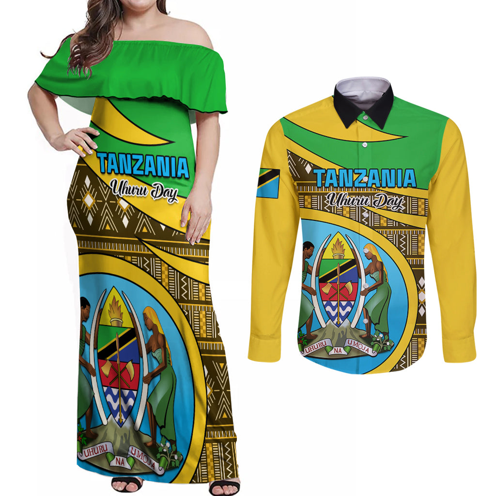 Personalised Tanzania Independence Day Couples Matching Off Shoulder Maxi Dress and Long Sleeve Button Shirt Tanzanian Coat Of Arms African Pattern - Wonder Print Shop