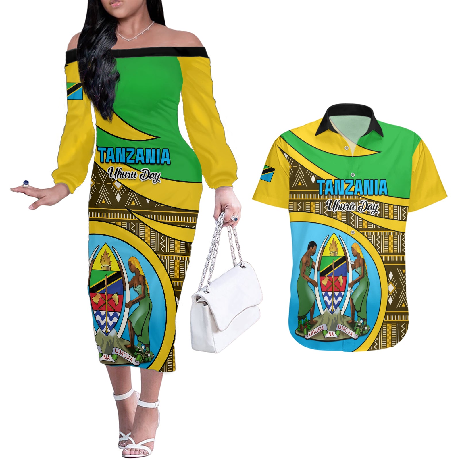 Personalised Tanzania Independence Day Couples Matching Off The Shoulder Long Sleeve Dress and Hawaiian Shirt Tanzanian Coat Of Arms African Pattern - Wonder Print Shop