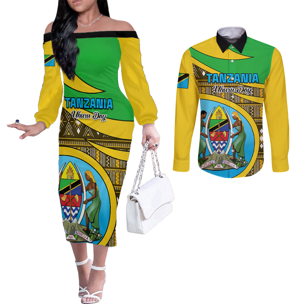 personalised-tanzania-independence-day-couples-matching-off-the-shoulder-long-sleeve-dress-and-long-sleeve-button-shirt-tanzanian-coat-of-arms-african-pattern