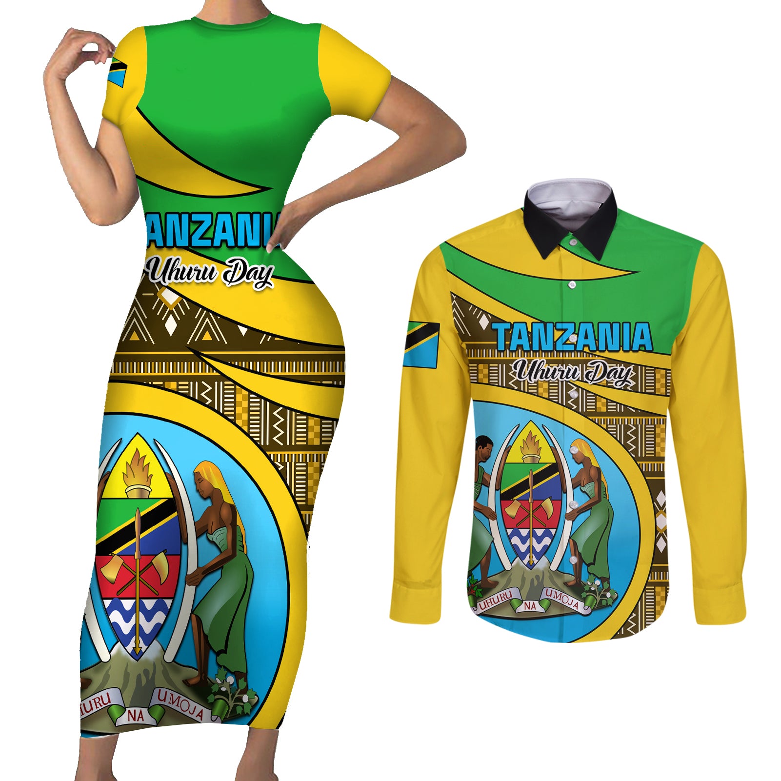 Personalised Tanzania Independence Day Couples Matching Short Sleeve Bodycon Dress and Long Sleeve Button Shirt Tanzanian Coat Of Arms African Pattern - Wonder Print Shop