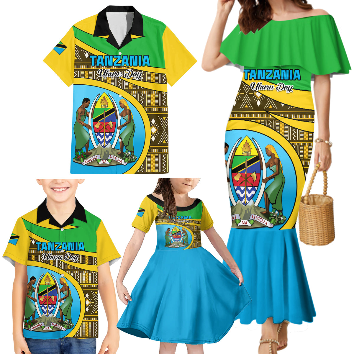 Personalised Tanzania Independence Day Family Matching Mermaid Dress and Hawaiian Shirt Tanzanian Coat Of Arms African Pattern - Wonder Print Shop