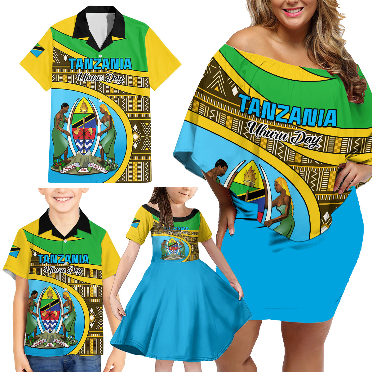 Personalised Tanzania Independence Day Family Matching Off Shoulder Short Dress and Hawaiian Shirt Tanzanian Coat Of Arms African Pattern - Wonder Print Shop